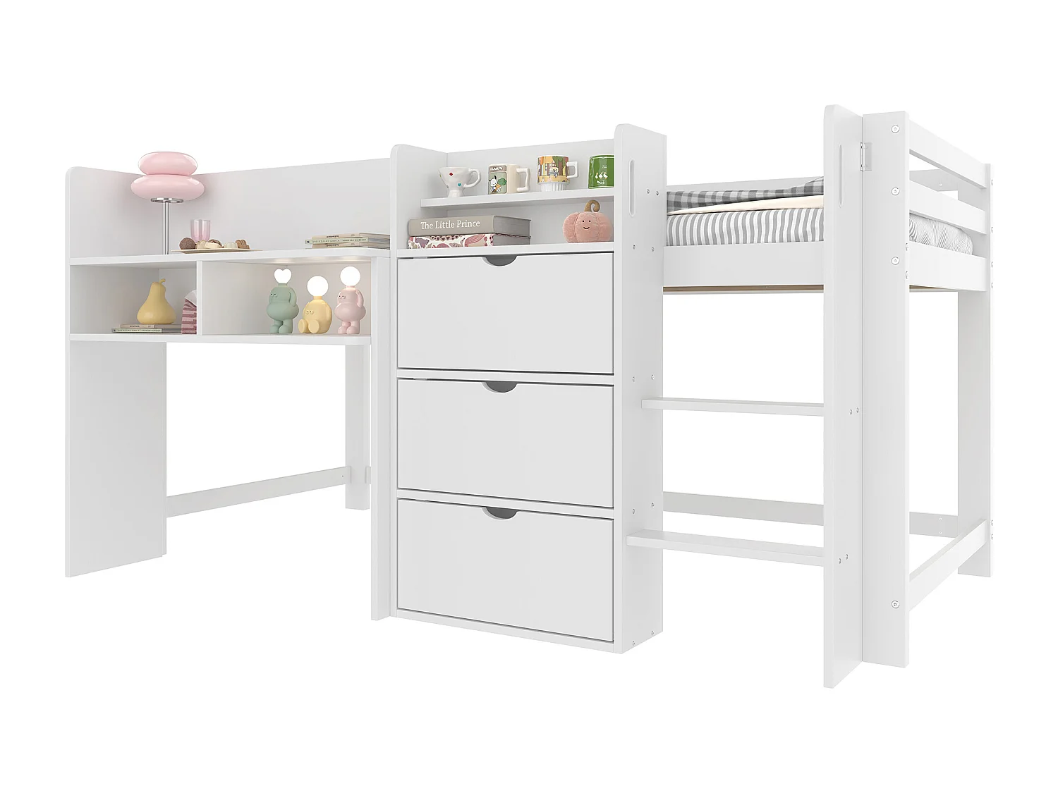 Lit mi-hauteur 90x200 cm en forme de maison avec plusieurs espaces de rangement, coin divertissement sous le lit, sans matelas, Blanc