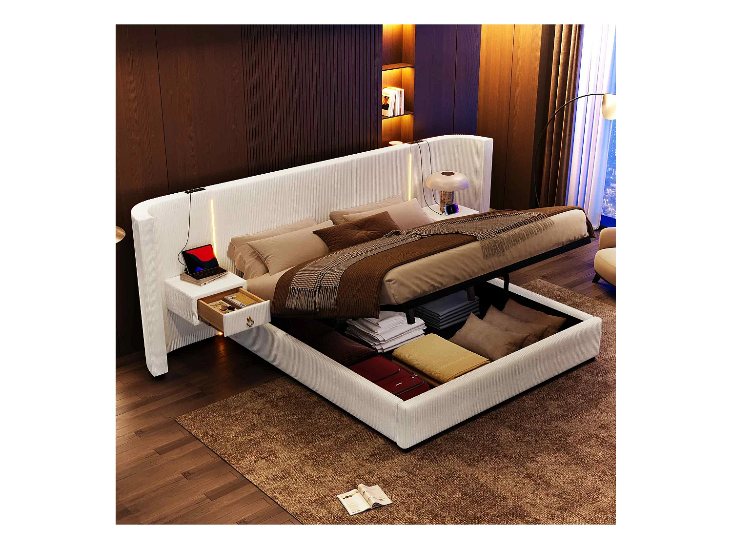 Lit rembourré 180x200 cm avec LED, rangement hydraulique, 2 tiroirs, sans matelas, USB + Type-C, velours, Beige