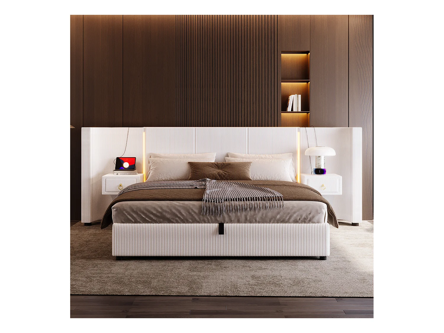 Lit rembourré 180x200 cm avec LED, rangement hydraulique, 2 tiroirs, sans matelas, USB + Type-C, velours, Beige