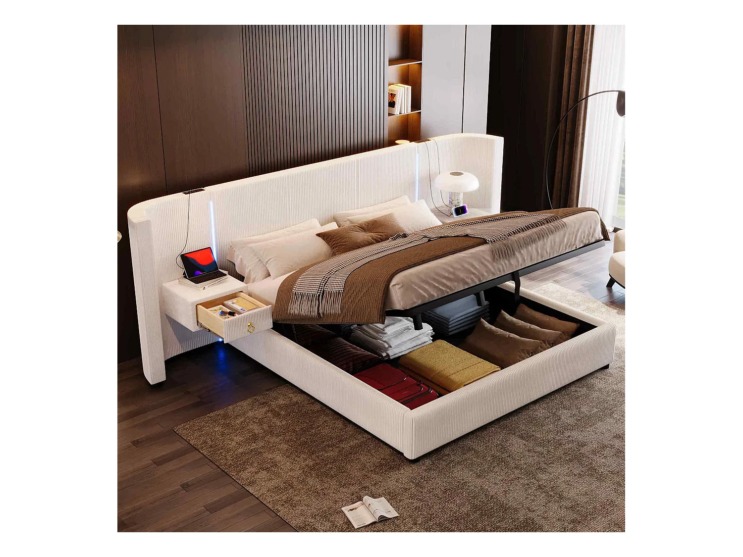 Lit rembourré 180x200 cm avec LED, rangement hydraulique, 2 tiroirs, sans matelas, USB + Type-C, velours, Beige