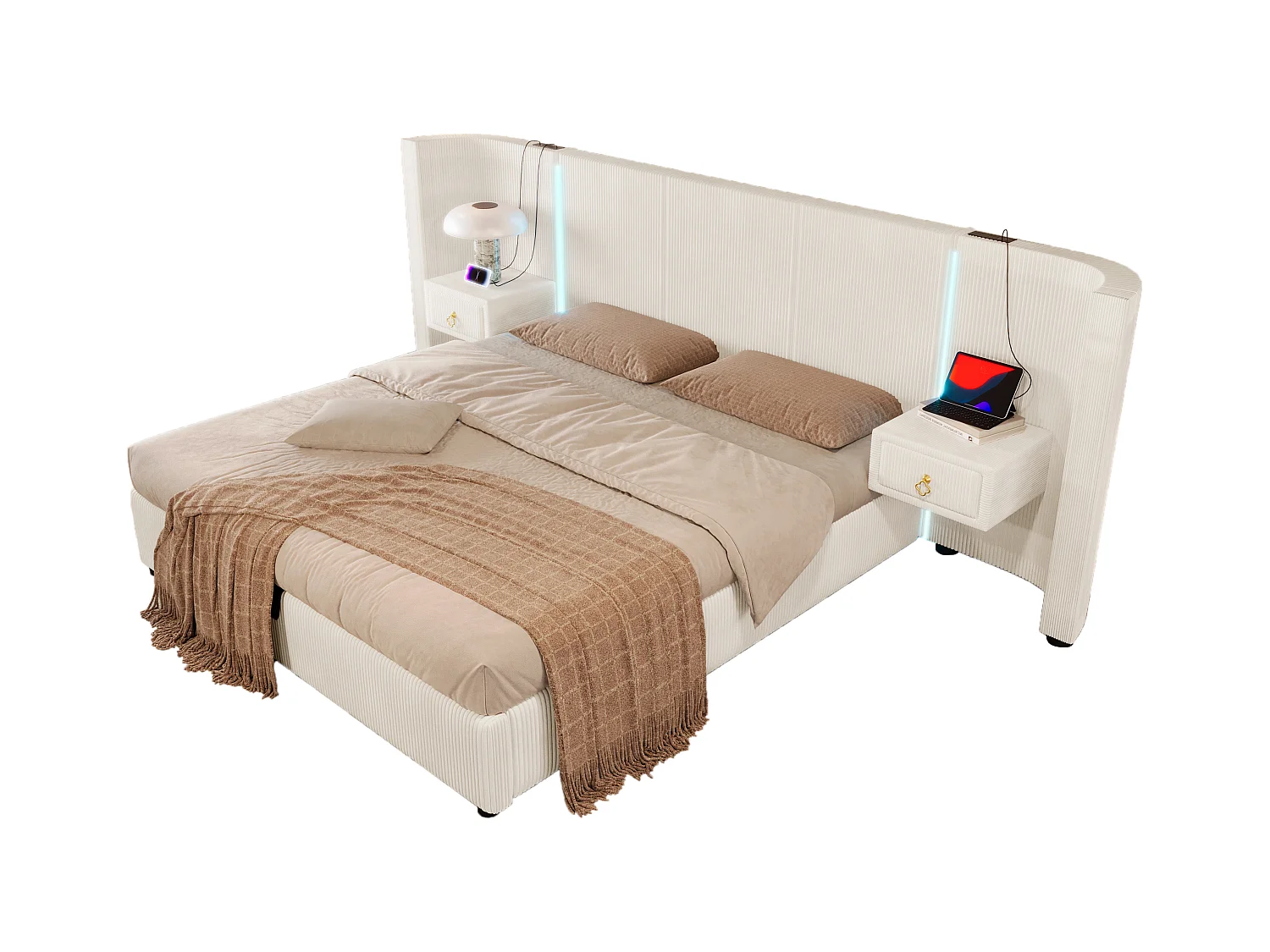 Lit rembourré 180x200 cm avec LED, rangement hydraulique, 2 tiroirs, sans matelas, USB + Type-C, velours, Beige