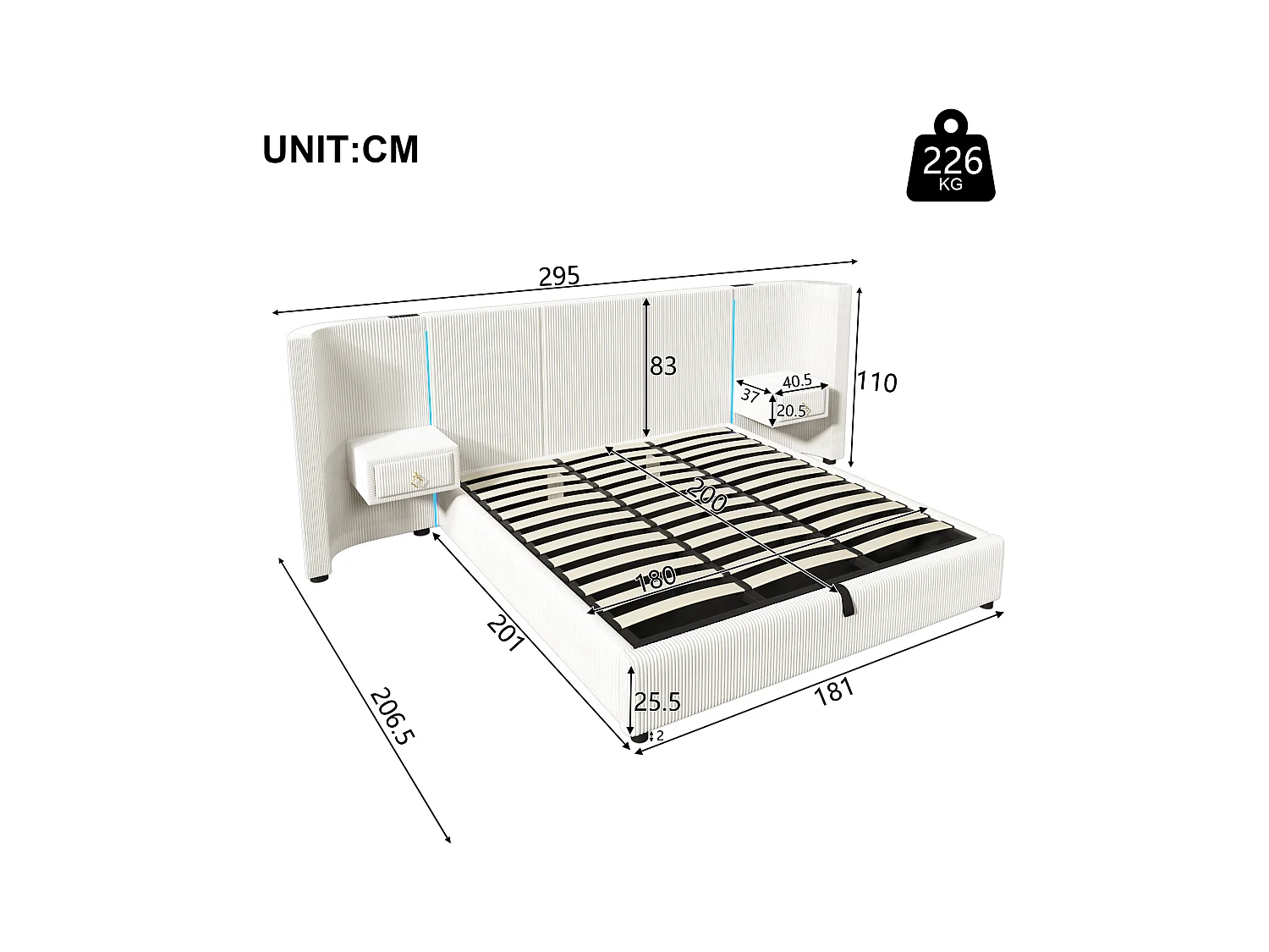Lit rembourré 180x200 cm avec LED, rangement hydraulique, 2 tiroirs, sans matelas, USB + Type-C, velours, Beige