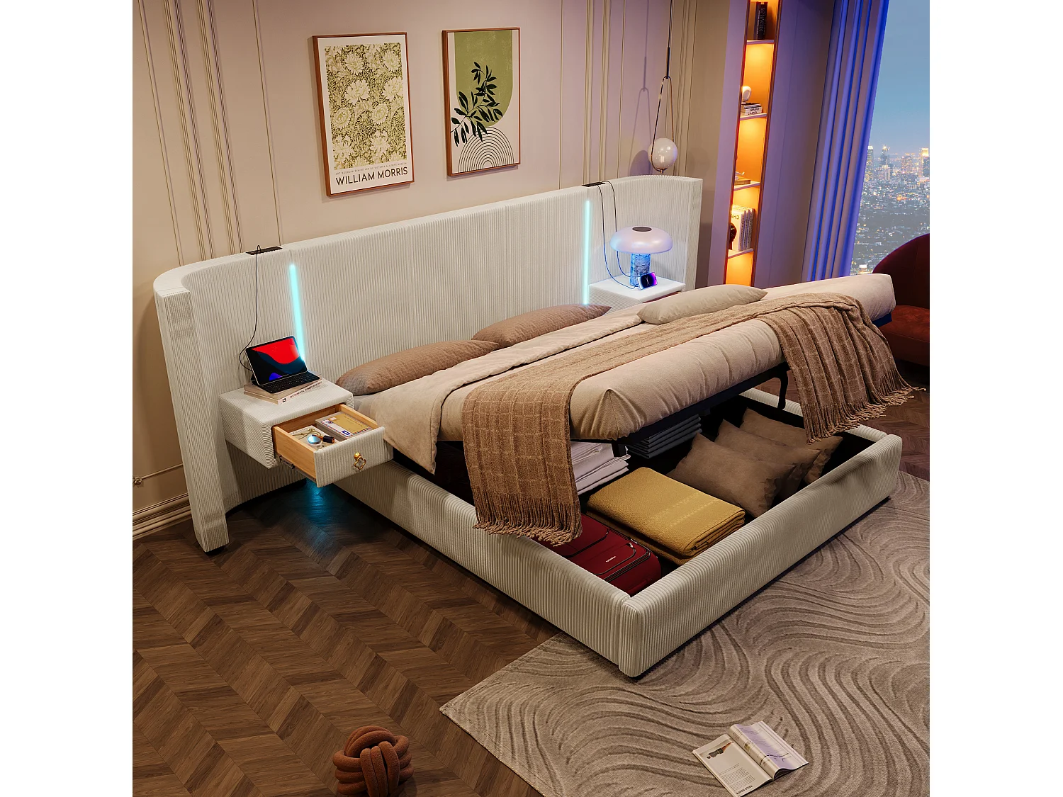 Lit rembourré 180x200 cm avec LED, rangement hydraulique, 2 tiroirs, sans matelas, USB + Type-C, velours, Beige