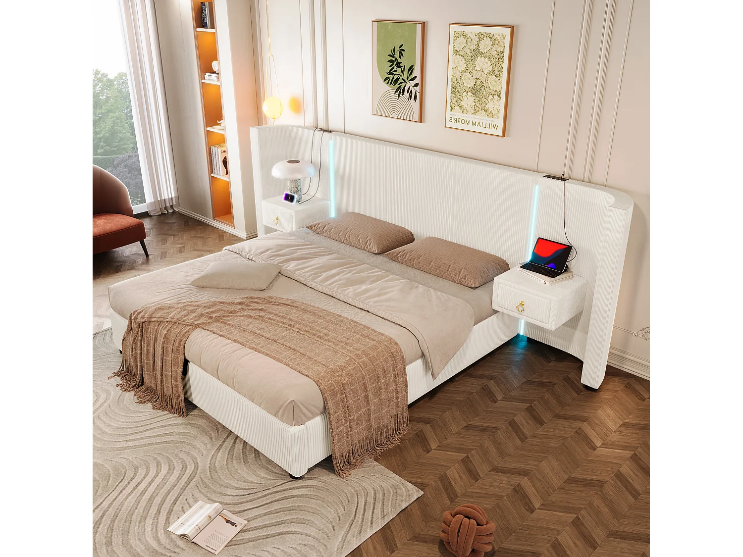 Lit rembourré 180x200 cm avec LED, rangement hydraulique, 2 tiroirs, sans matelas, USB + Type-C, velours, Beige