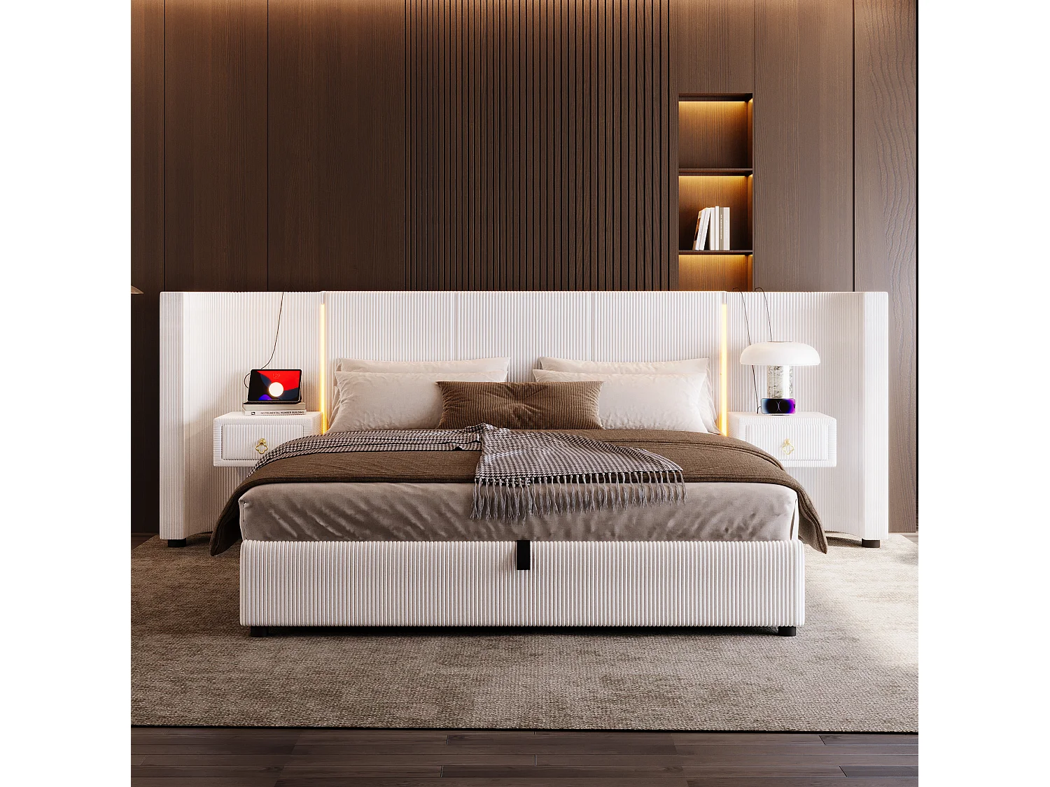 Lit rembourré 180x200 cm avec LED, rangement hydraulique, 2 tiroirs, sans matelas, USB + Type-C, velours, Beige