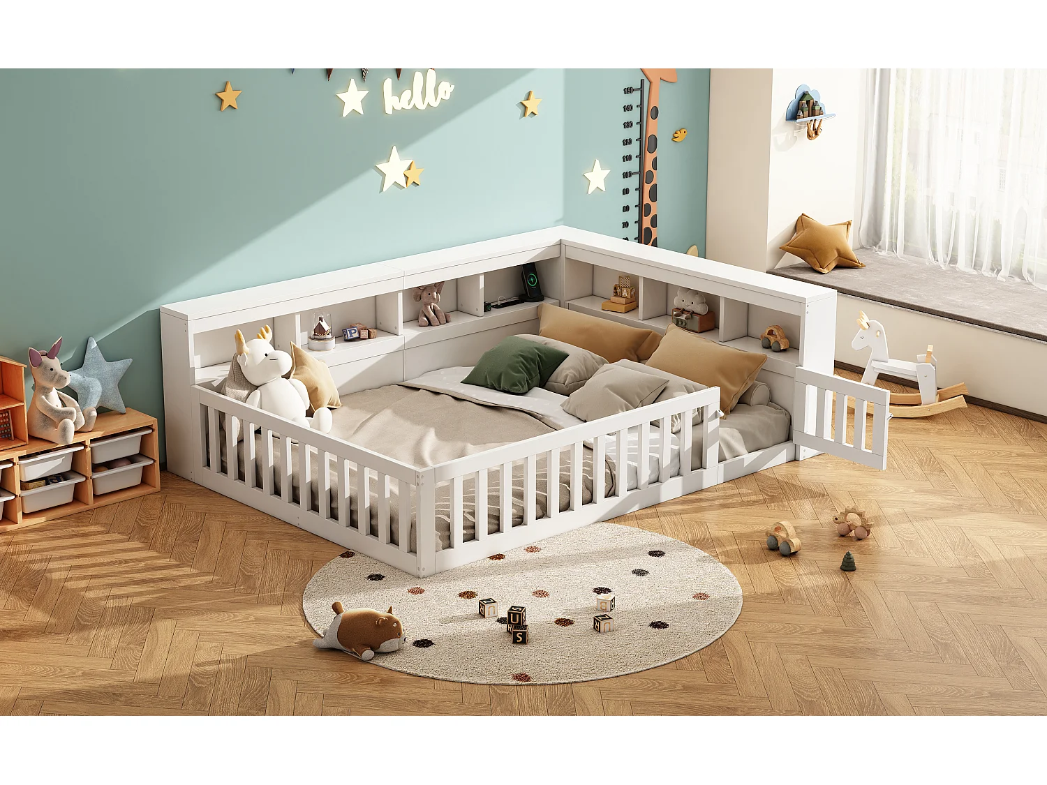 Daybed 140x200 cm, canapé-lit avec rangement latéral, sommier (sans matelas), rambarde, panneau de particules, prise + USB, Blanc