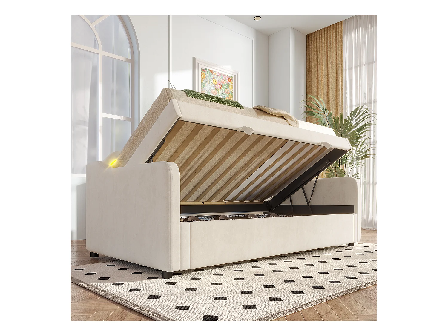 Canapé-lit 90x200 cm en velours, avec rangement, levage hydraulique et bande LED changeante, beige