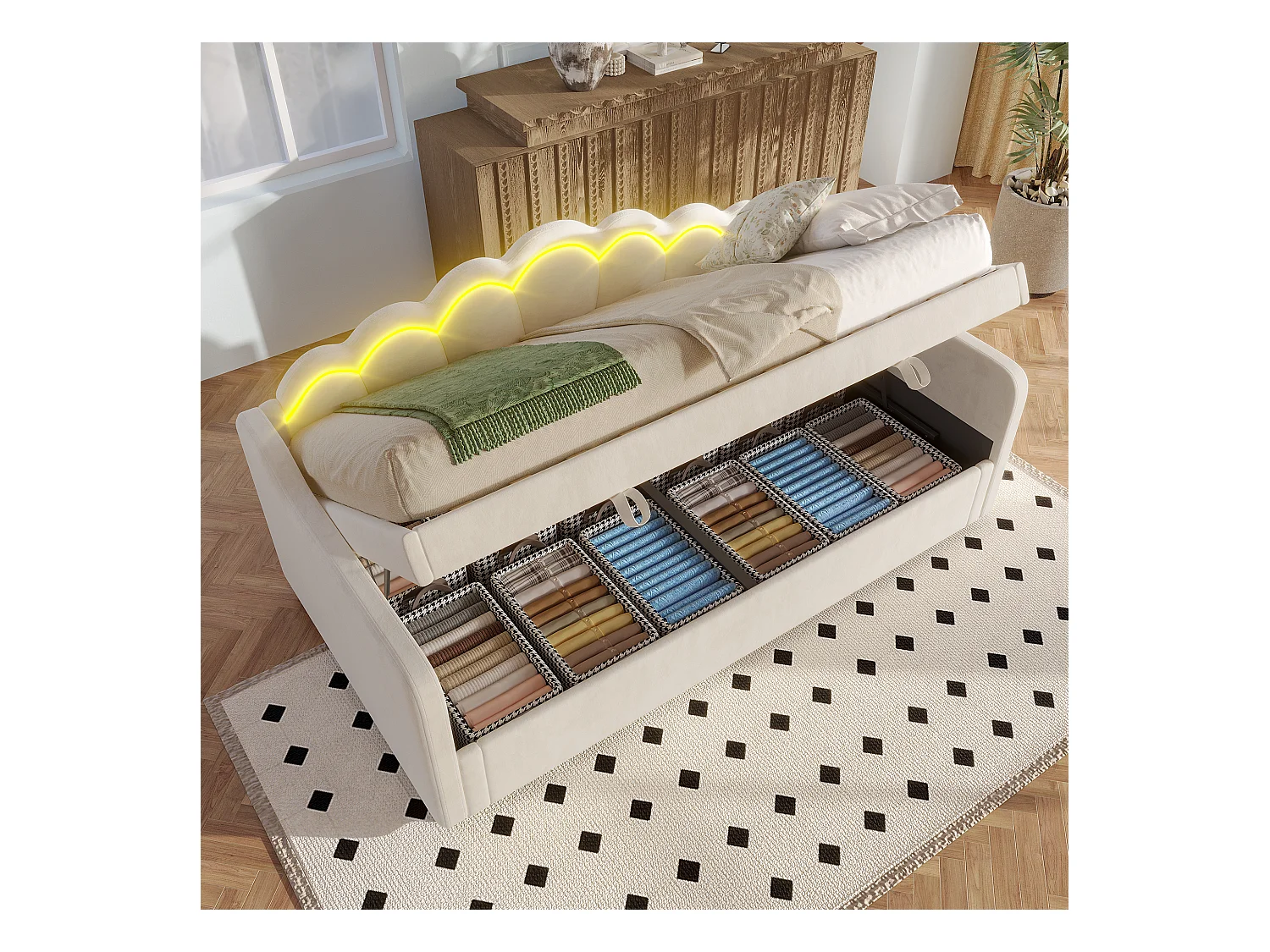 Canapé-lit 90x200 cm en velours, avec rangement, levage hydraulique et bande LED changeante, beige