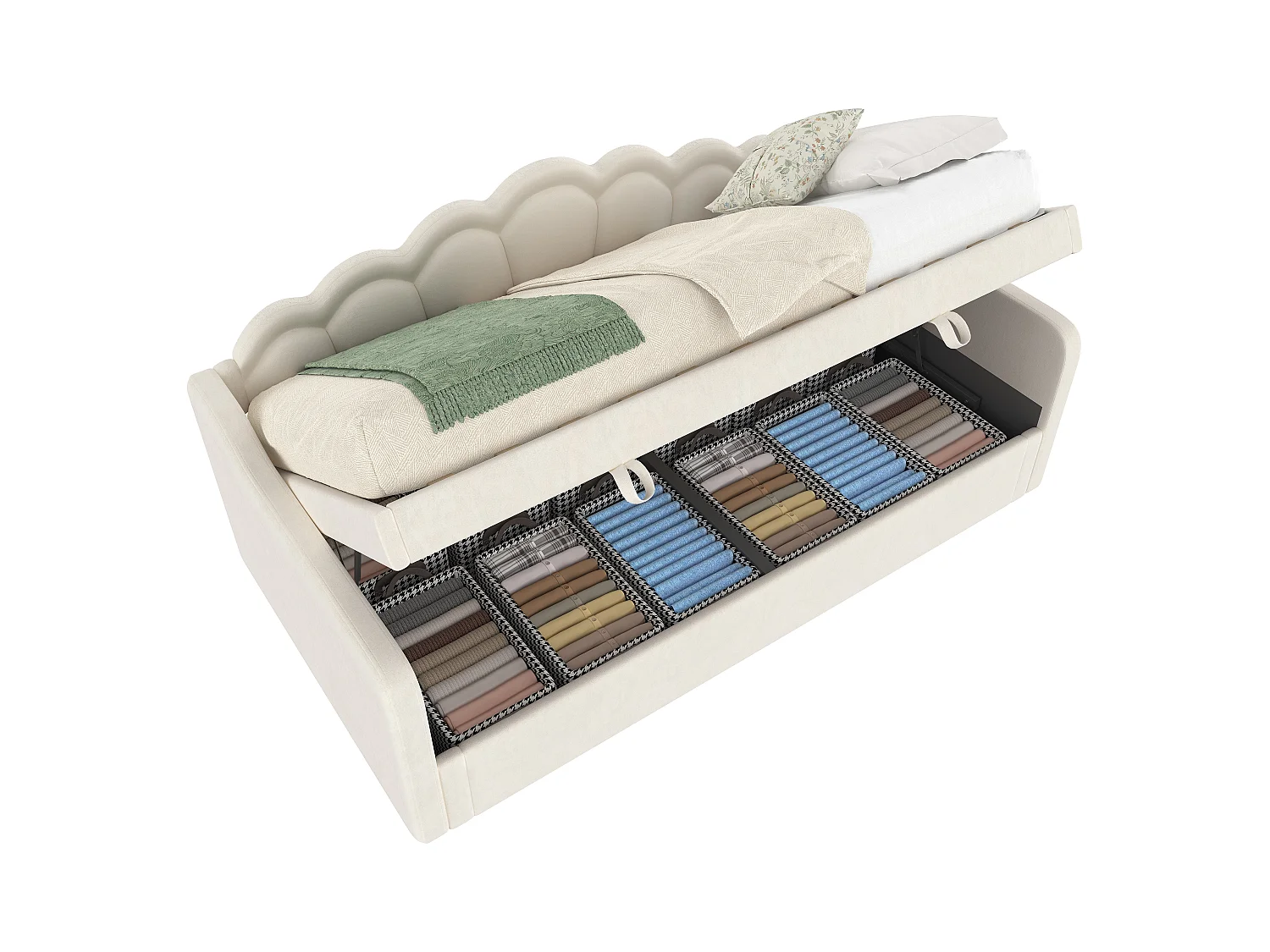 Canapé-lit 90x200 cm en velours, avec rangement, levage hydraulique et bande LED changeante, beige