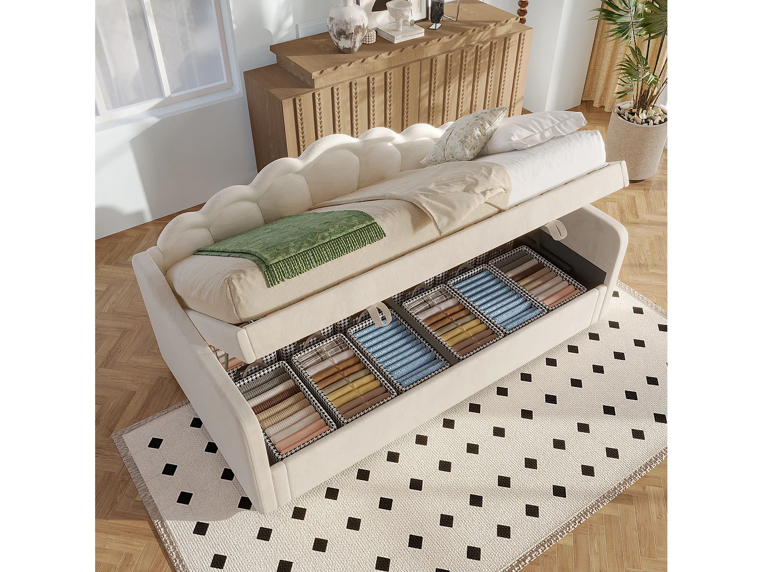 Canapé-lit 90x200 cm en velours, avec rangement, levage hydraulique et bande LED changeante, beige