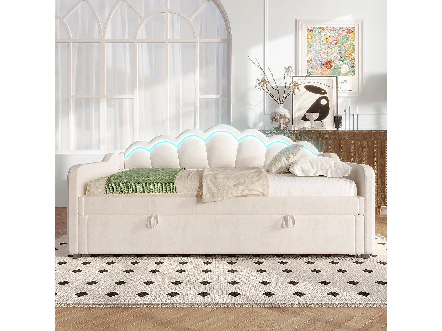 Canapé-lit 90x200 cm en velours, avec rangement, levage hydraulique et bande LED changeante, beige