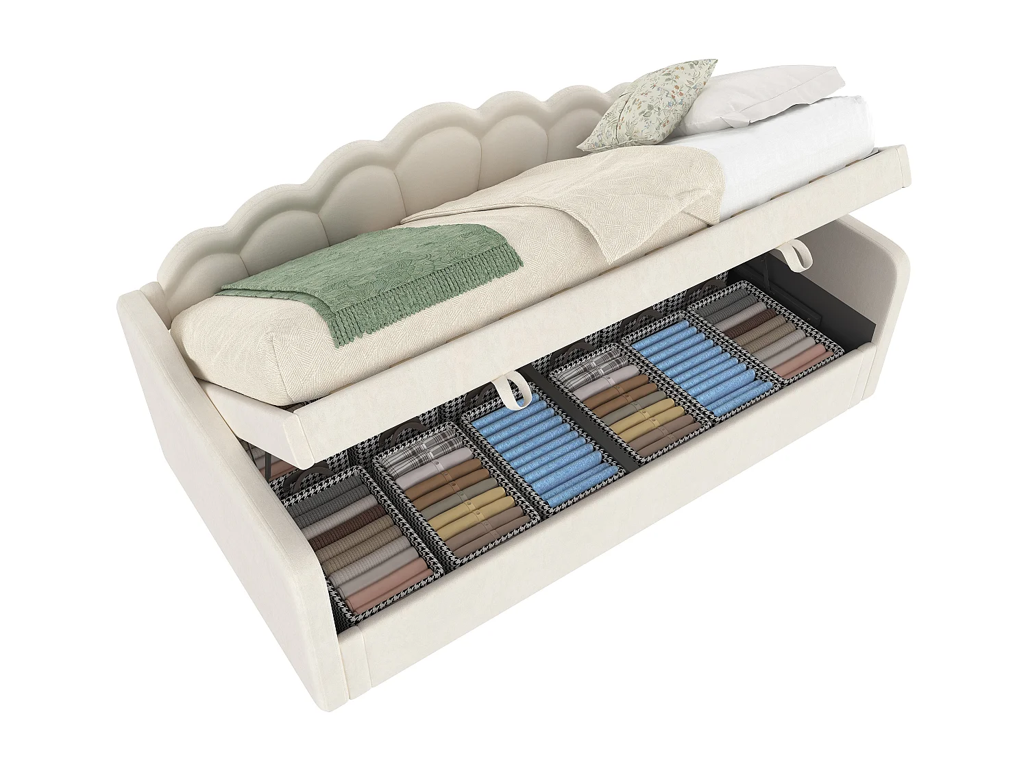 Canapé-lit 90x200 cm en velours, avec rangement, levage hydraulique et bande LED changeante, beige