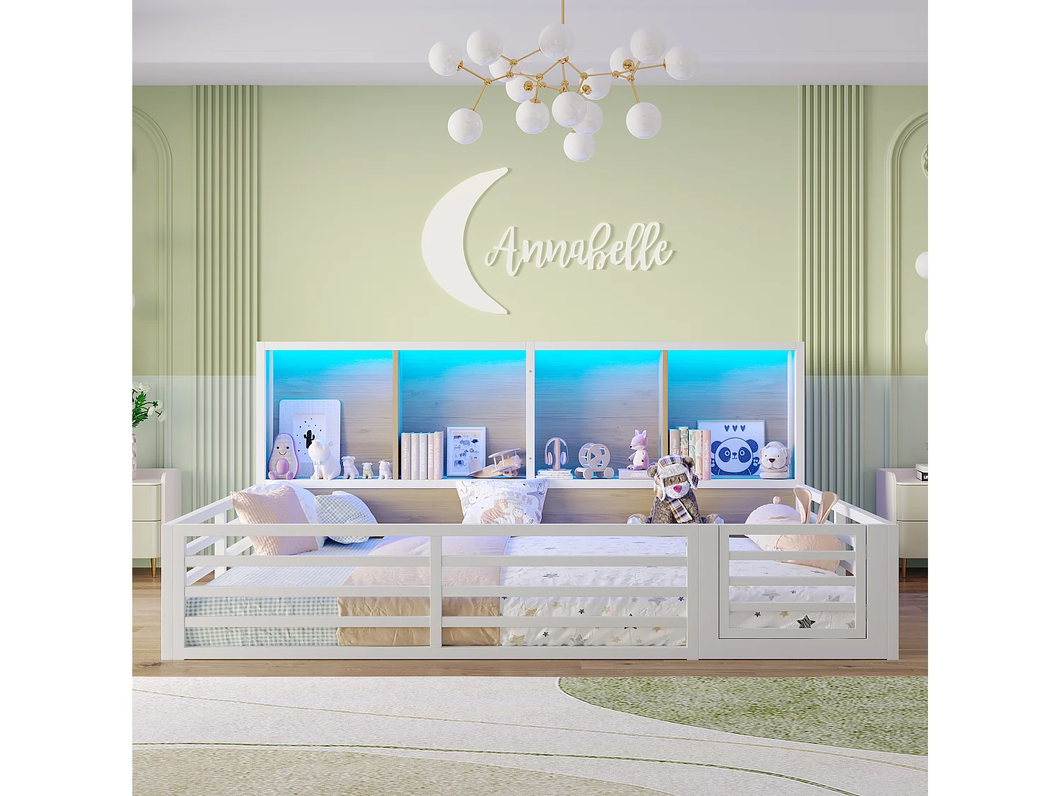 Lit coffre 140x200 cm, Daybed, plateforme, avec rangement sur les côtés, sommier (sans matelas), rambarde, métal, Blanc