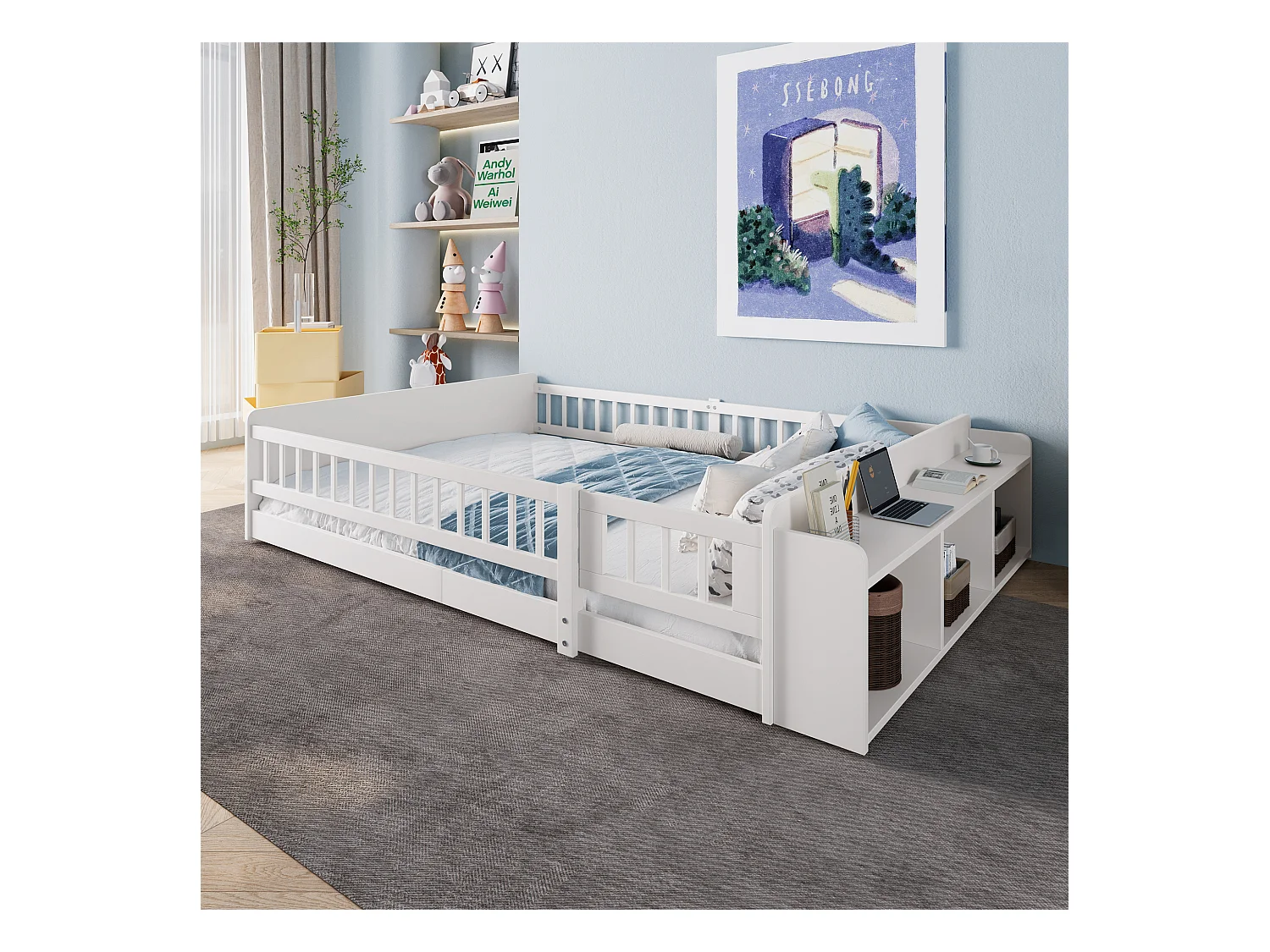 Lit enfant en bois de pin 140x200 cm, avec rangement ouvert, étagères intégrées, sans matelas, blanc