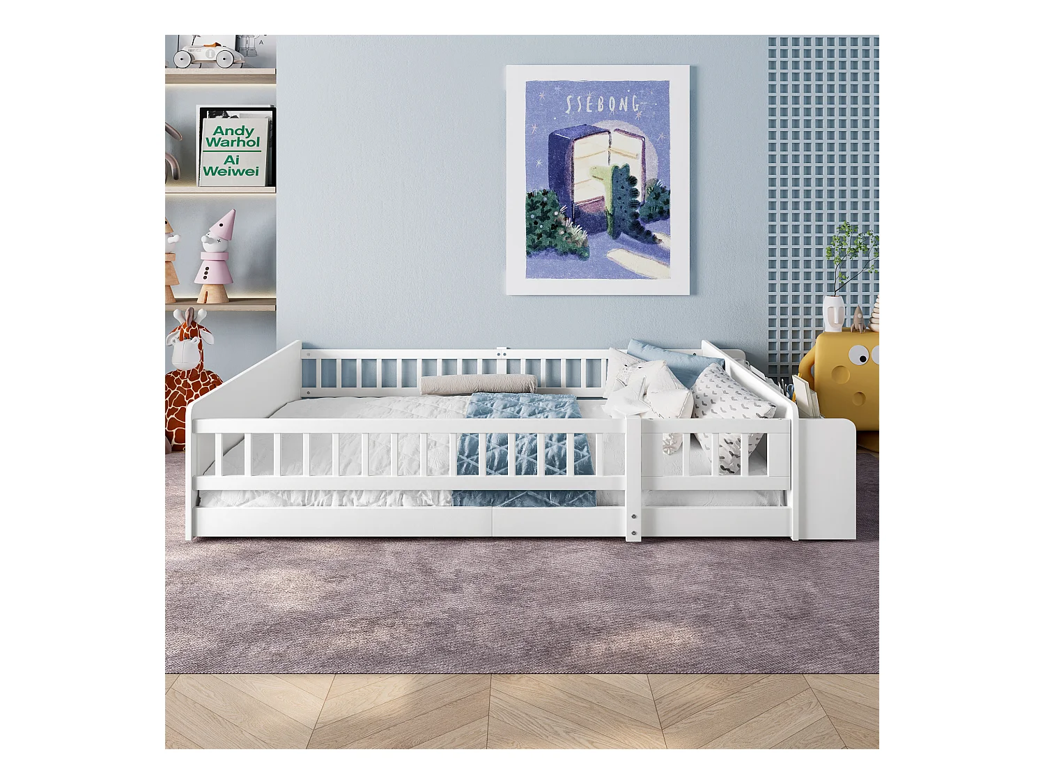 Lit enfant en bois de pin 140x200 cm, avec rangement ouvert, étagères intégrées, sans matelas, blanc