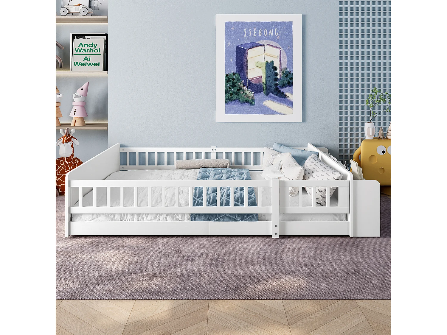 Lit enfant en bois de pin 140x200 cm, avec rangement ouvert, étagères intégrées, sans matelas, blanc