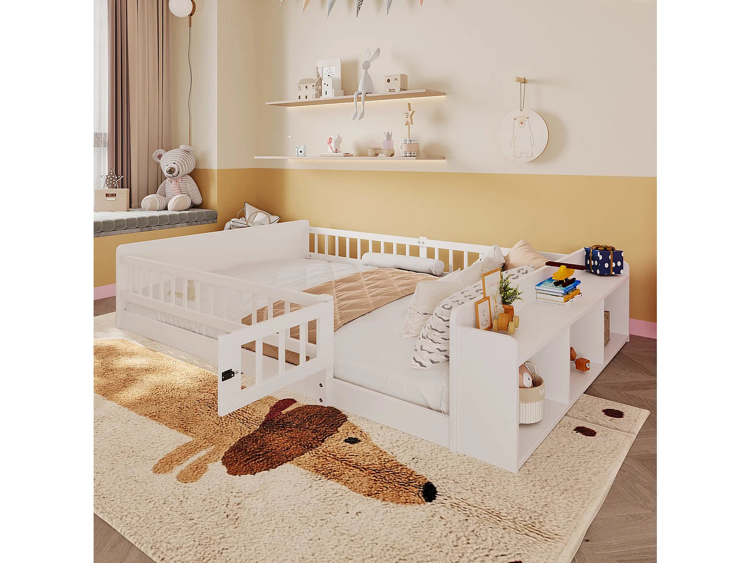 Lit enfant en bois de pin 140x200 cm, avec rangement ouvert, étagères intégrées, sans matelas, blanc