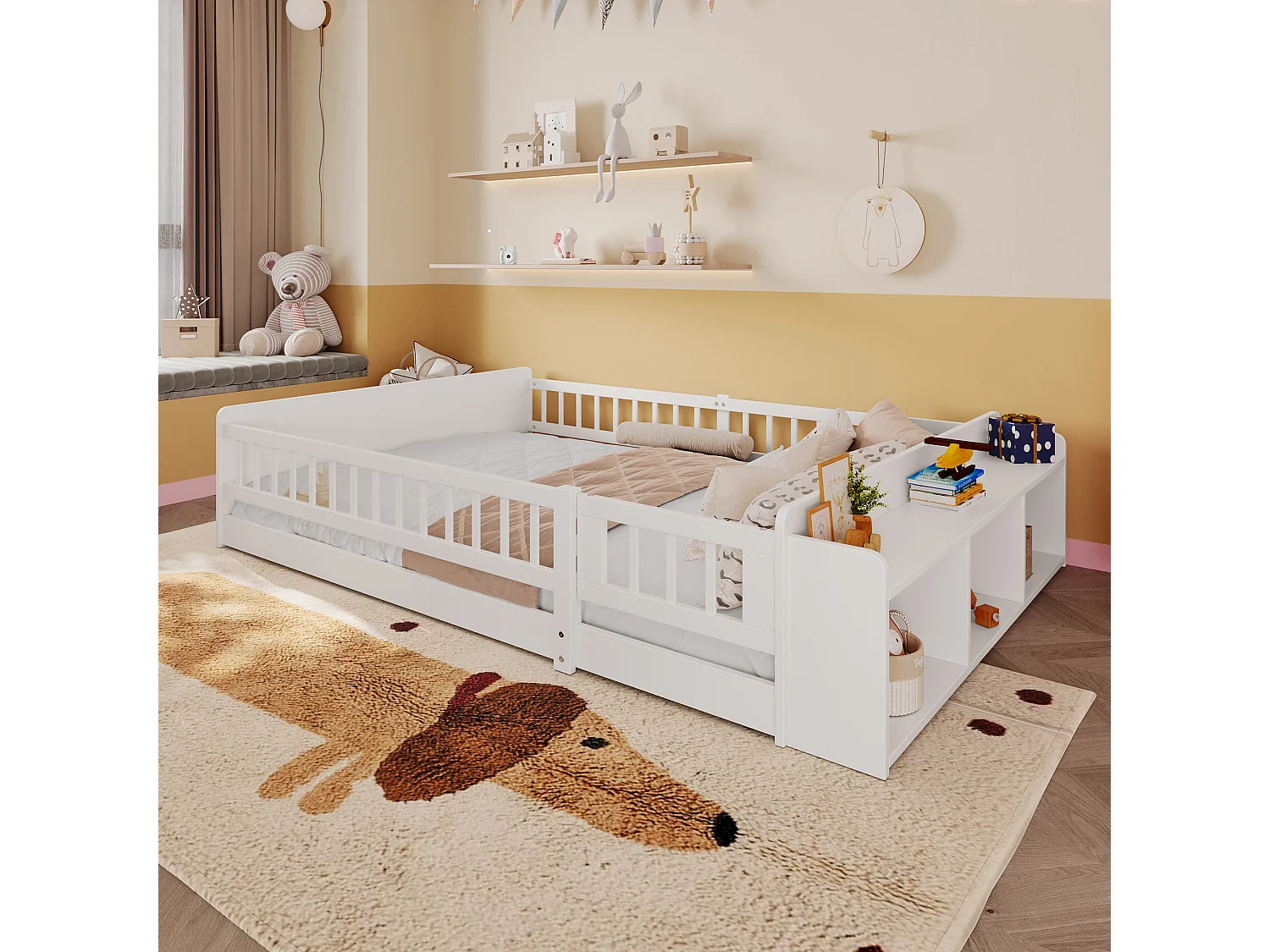 Lit enfant en bois de pin 140x200 cm, avec rangement ouvert, étagères intégrées, sans matelas, blanc