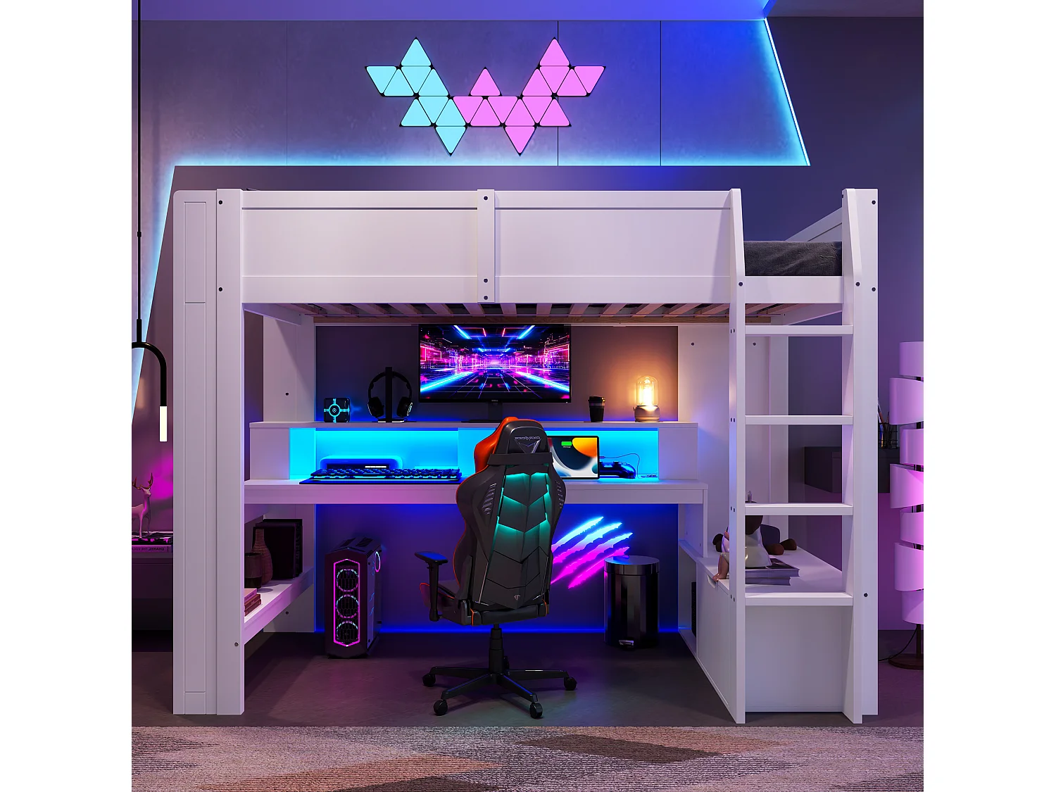 Lit mezzanine 90x200 cm, lit gaming avec bureau, LED, tiroir, étagères, sans matelas, Blanc