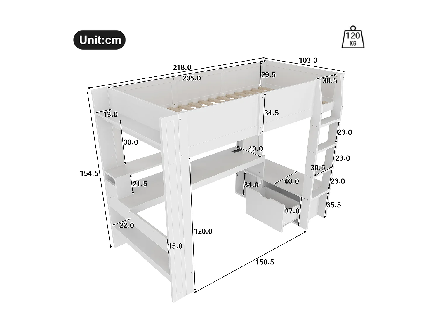 Lit mezzanine 90x200 cm, lit gaming avec bureau, LED, tiroir, étagères, sans matelas, Blanc