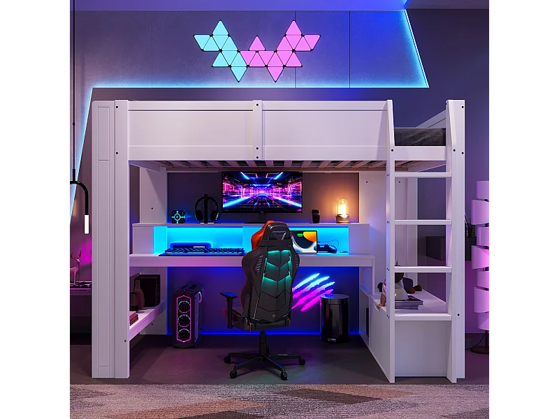 Lit mezzanine 90x200 cm, lit gaming avec bureau, LED, tiroir, étagères, sans matelas, Blanc