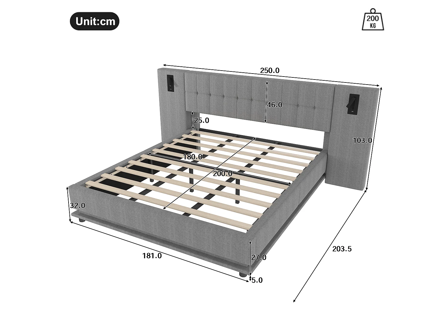 Lit rembourré 180x200 cm avec LED, tête de lit spot, USB, sans matelas, lin, Gris
