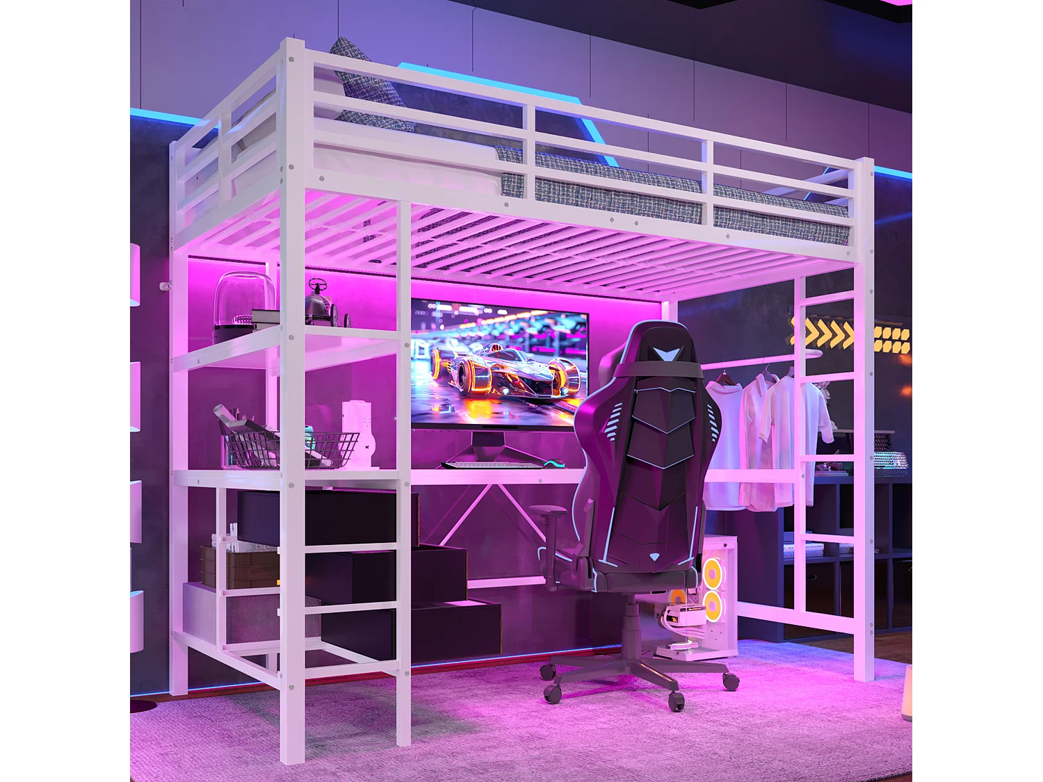 Lit mezzanine 90x200 cm en métal blanc, avec LED, bureau, 3 tiroirs, étagères, prise USB, garde-corps et escalier intégré