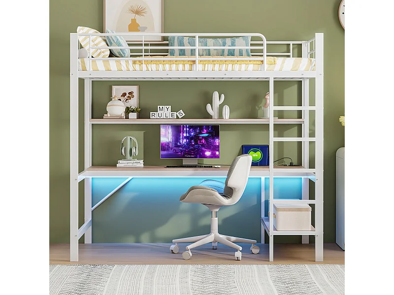 Lit mezzanine 90x200 cm en métal blanc, avec LED, bureau, étagères, ports USB et prise, sans matelas