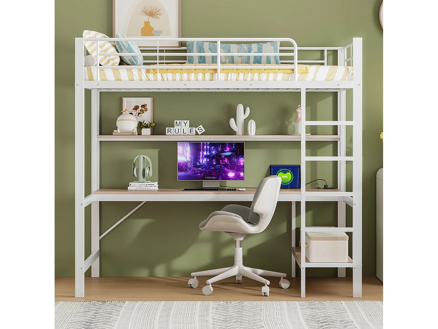 Lit mezzanine 90x200 cm en métal blanc, avec LED, bureau, étagères, ports USB et prise, sans matelas