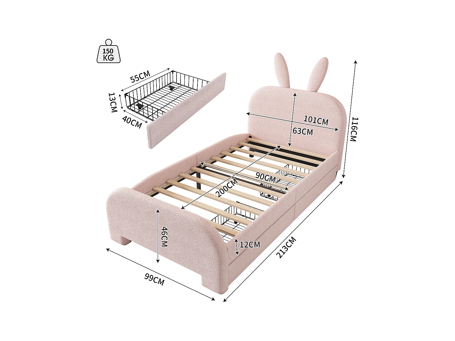 Lit rembourré 90x200 cm rose, forme lapin cartoon, tissu laine résistant, avec 2 tiroirs et sommier inclus