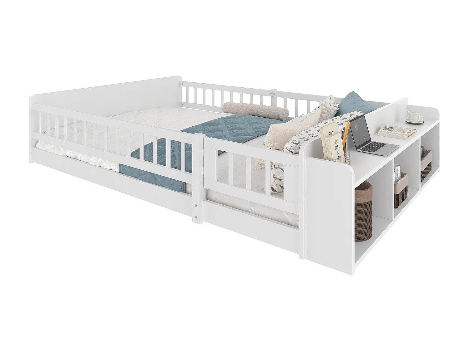 Lit enfant en bois de pin 140x190 cm, avec rangement ouvert et étagères, compartiment ouvrant, blanc