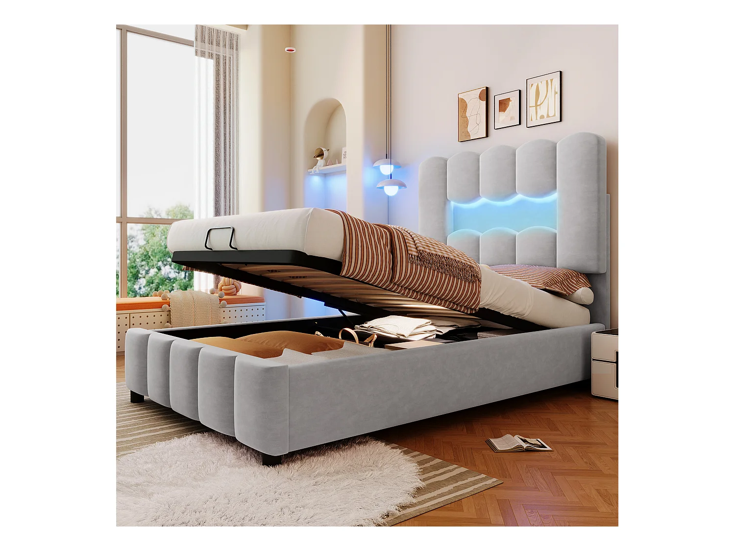 Lit en Velours Rembourré 90 x 200 cm, sans Matelas, Éclairage LED, Système Hydraulique, Tête de Lit Réglable, Gris