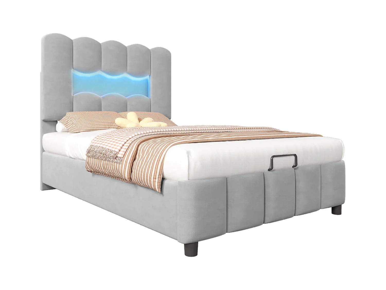 Lit en Velours Rembourré 90 x 200 cm, sans Matelas, Éclairage LED, Système Hydraulique, Tête de Lit Réglable, Gris