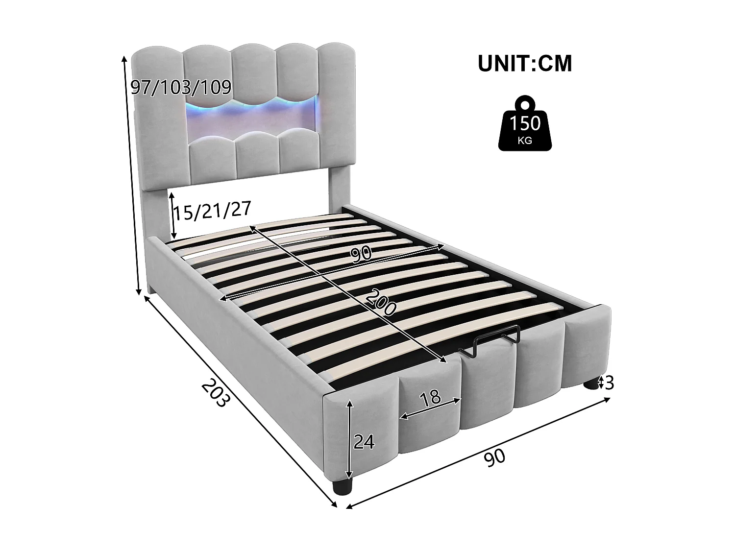 Lit en Velours Rembourré 90 x 200 cm, sans Matelas, Éclairage LED, Système Hydraulique, Tête de Lit Réglable, Gris