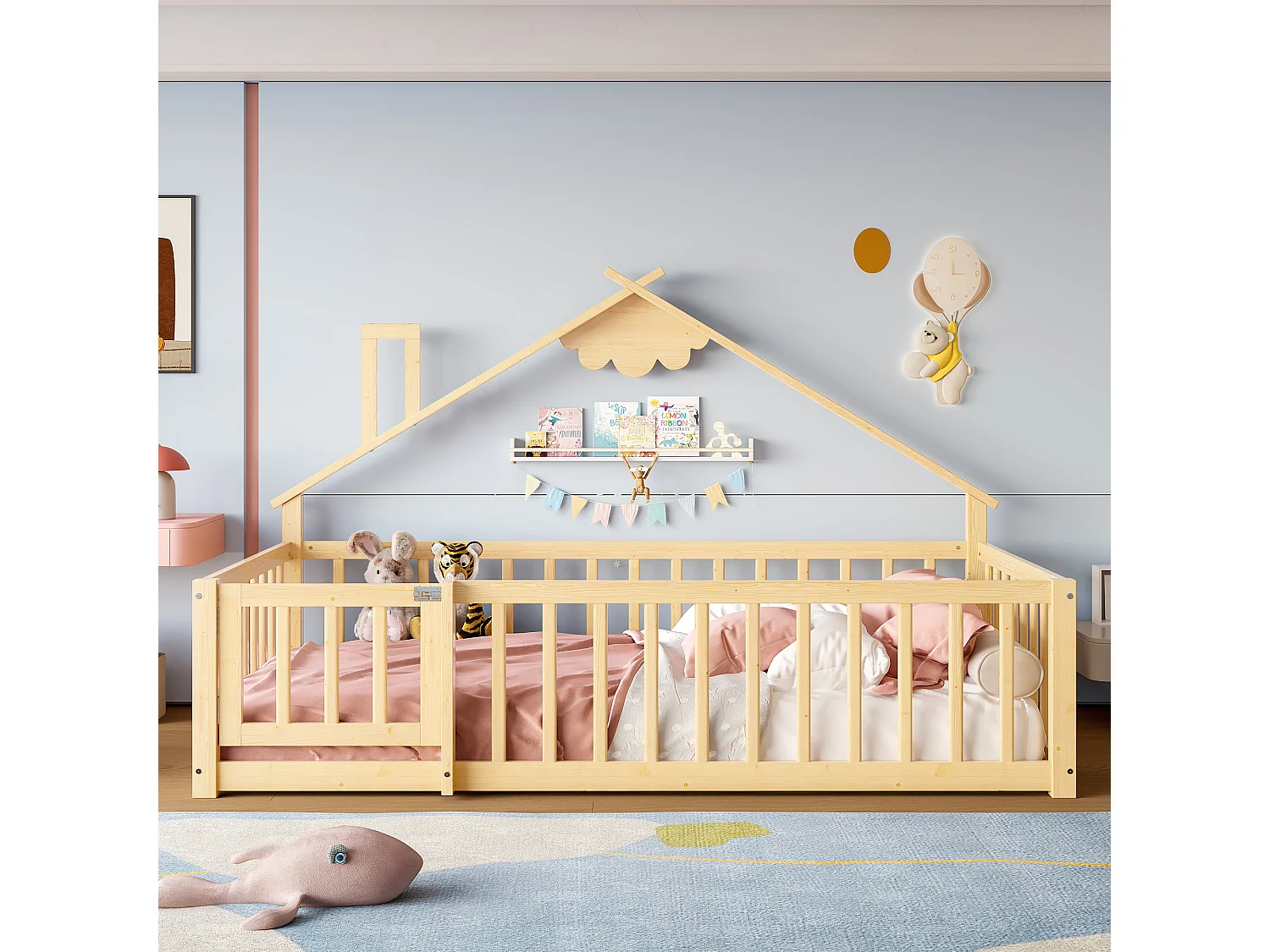 Lit bas 90x190 cm pour enfant avec barreau maison, rambarde avec verrou, bois de pin, Naturel