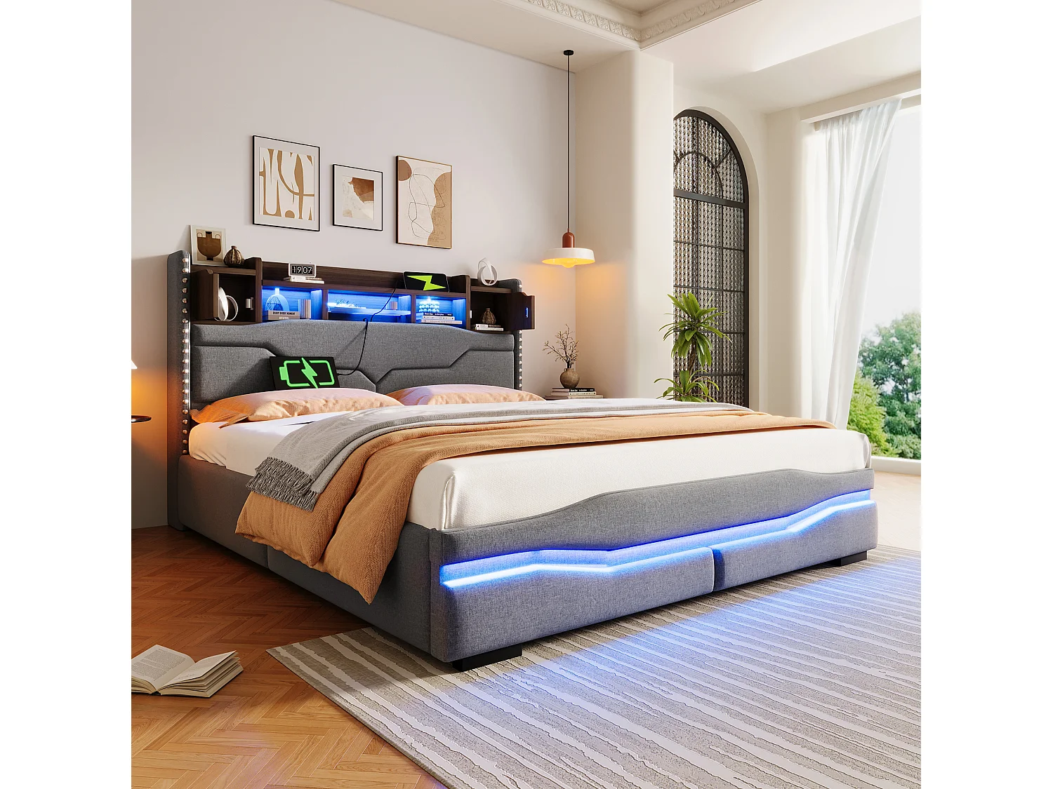 Lit rembourré 160x200 cm avec prise USB + Type-C, LED télécommandée sous le lit, tête de lit avec rangement, fonction de stockage hydraulique, sans matelas, Gris