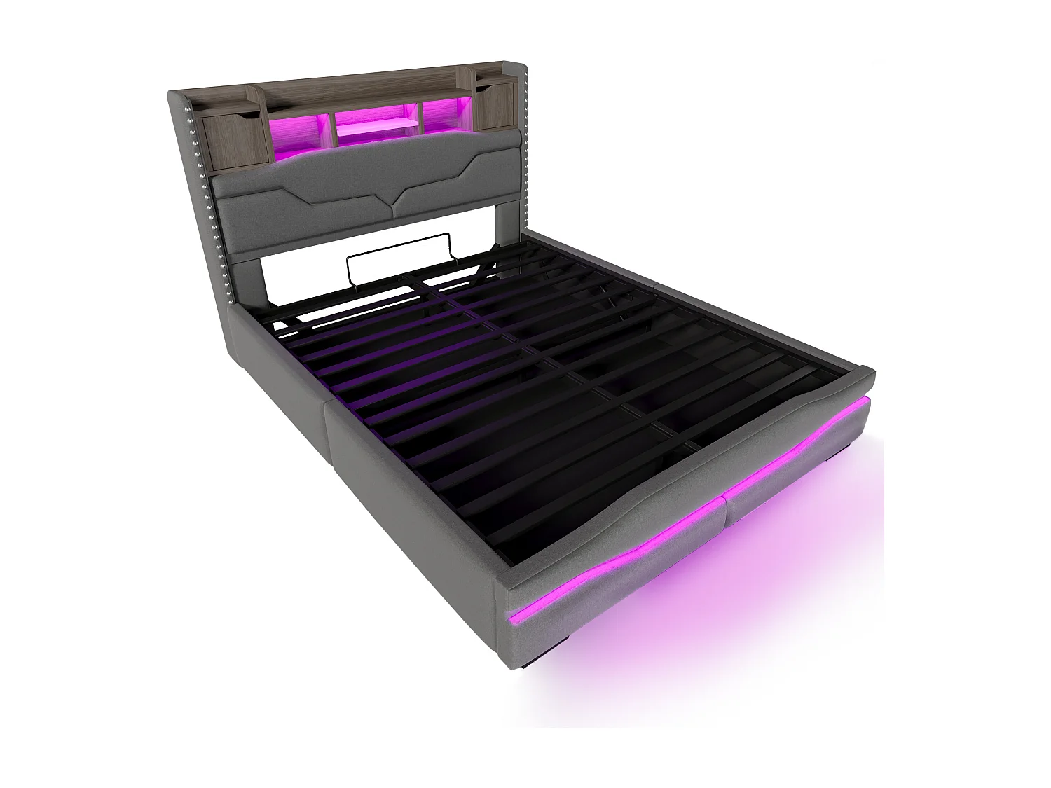 Lit rembourré 160x200 cm avec prise USB + Type-C, LED télécommandée sous le lit, tête de lit avec rangement, fonction de stockage hydraulique, sans matelas, Gris