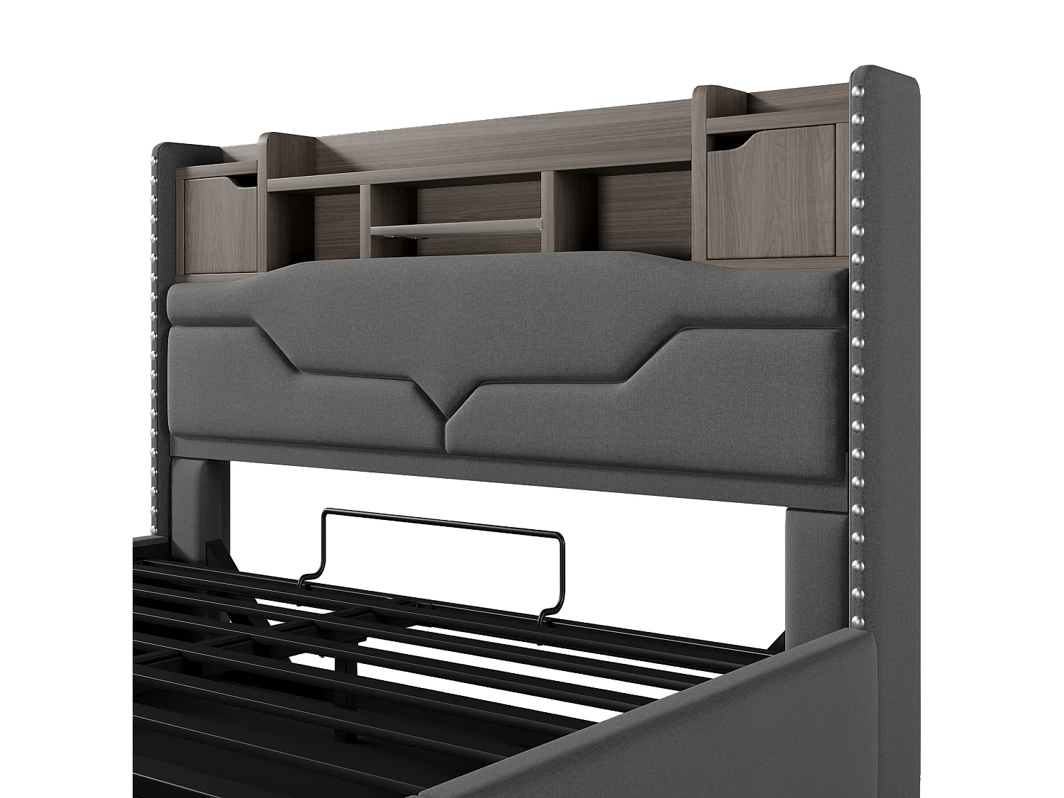 Lit rembourré 160x200 cm avec prise USB + Type-C, LED télécommandée sous le lit, tête de lit avec rangement, fonction de stockage hydraulique, sans matelas, Gris