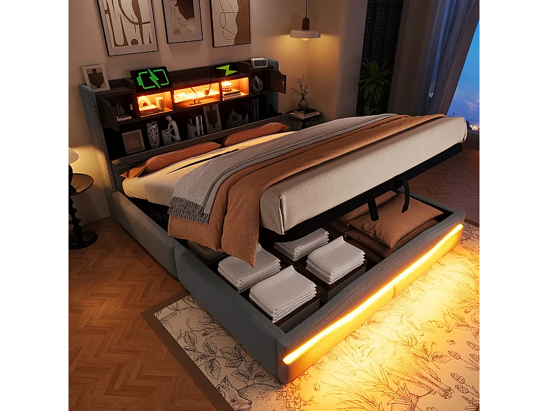 Lit rembourré 160x200 cm avec prise USB + Type-C, LED télécommandée sous le lit, tête de lit avec rangement, fonction de stockage hydraulique, sans matelas, Gris
