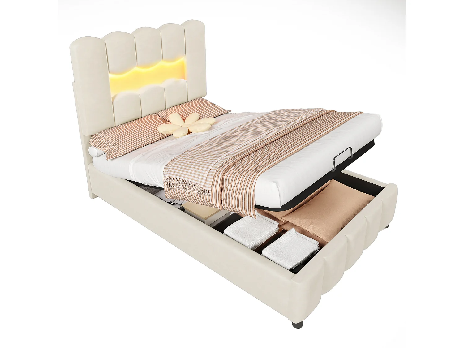 Lit en Velours Rembourré 90 x 200 cm, sans Matelas, Éclairage LED, Système Hydraulique, Tête de Lit Réglable, Beige