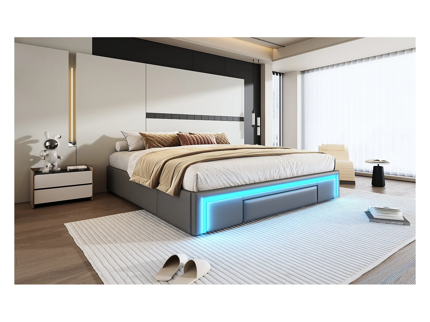 Lit 180×200 cm en PU cuir gris avec tiroirs, sans tête de lit et éclairage LED intégré