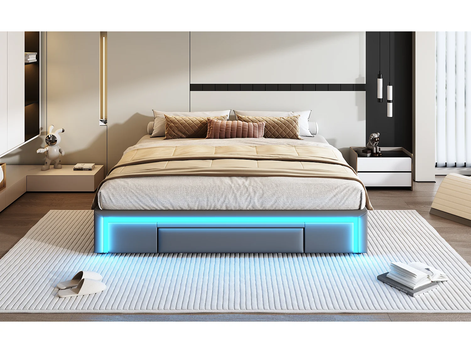 Lit 180×200 cm en PU cuir gris avec tiroirs, sans tête de lit et éclairage LED intégré