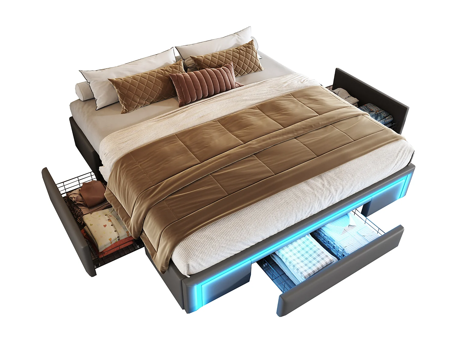 Lit 180×200 cm en PU cuir gris avec tiroirs, sans tête de lit et éclairage LED intégré