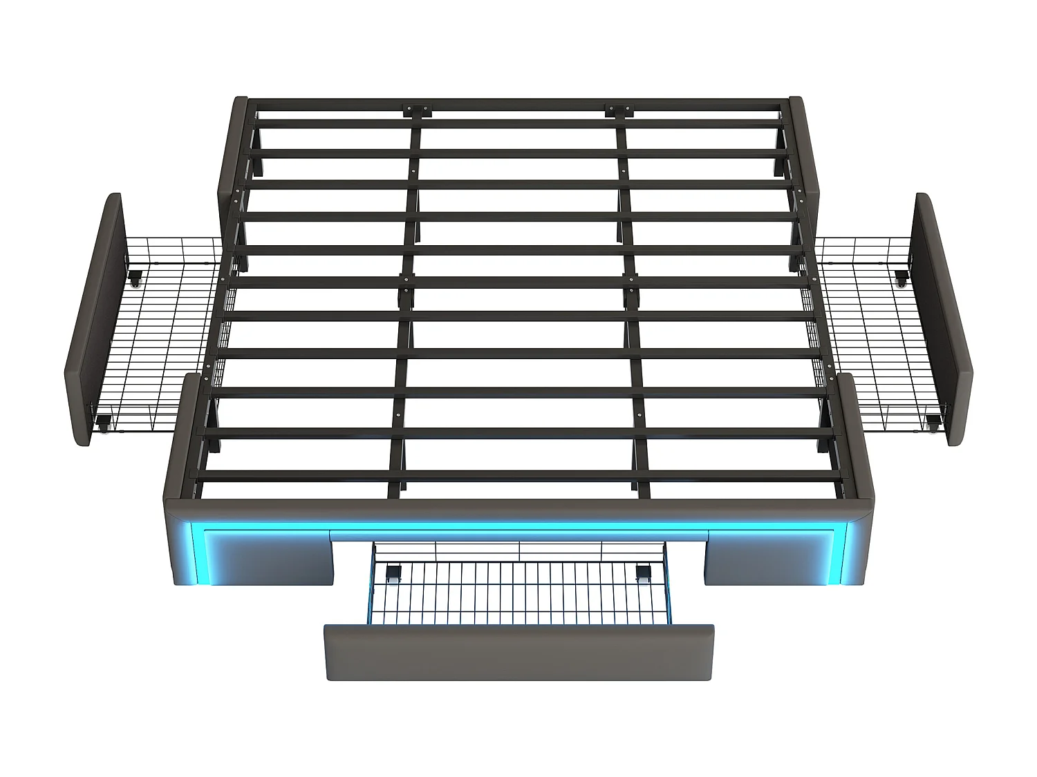 Lit 180×200 cm en PU cuir gris avec tiroirs, sans tête de lit et éclairage LED intégré