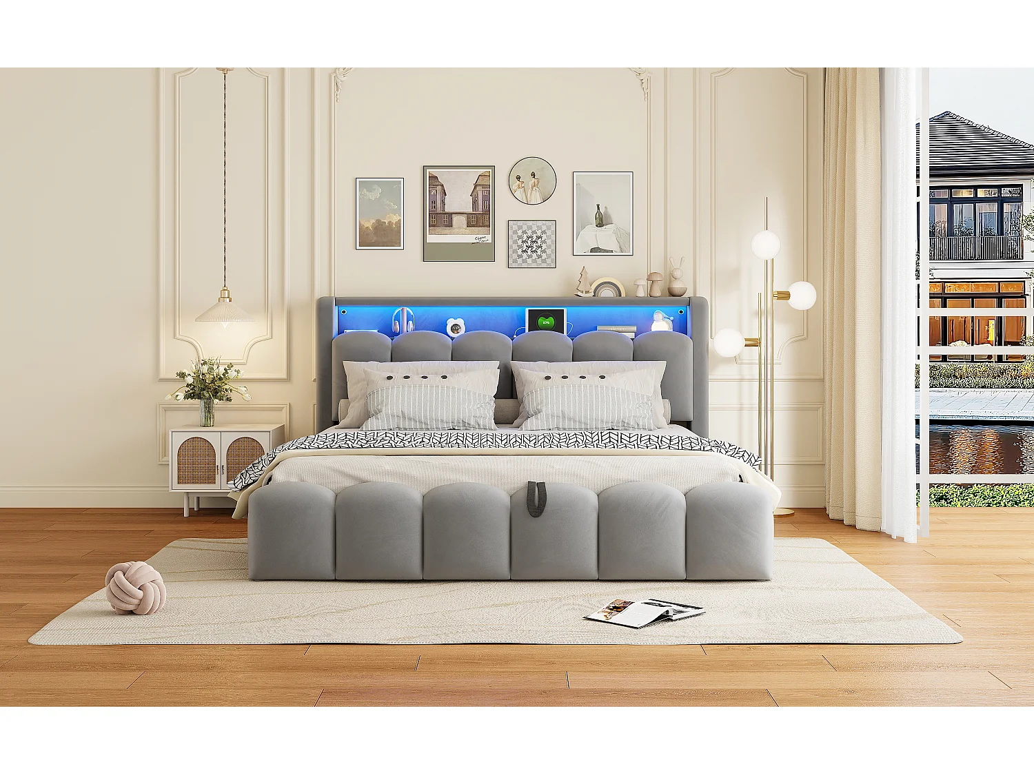 Lit double 180×200 cm en velours gris avec rangements intégrés et éclairage LED