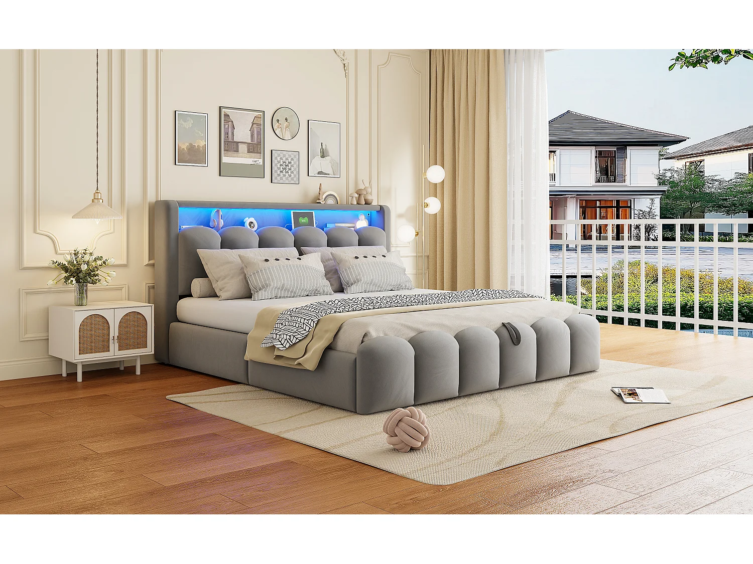 Lit double 180×200 cm en velours gris avec rangements intégrés et éclairage LED