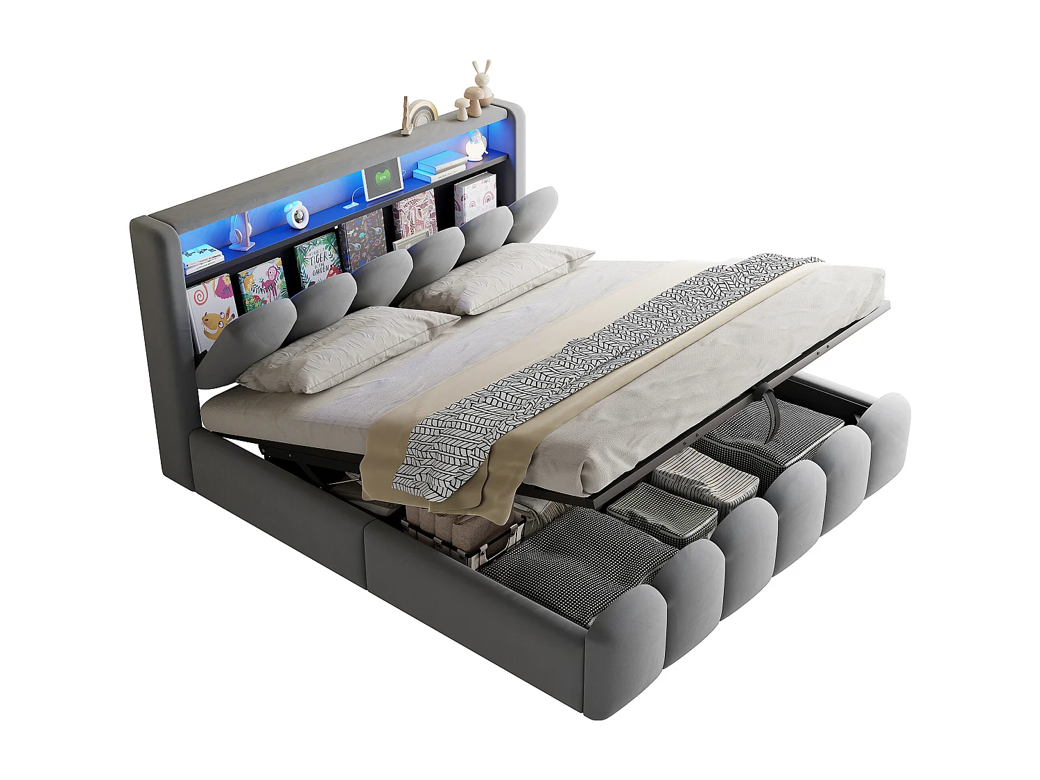 Lit double 180×200 cm en velours gris avec rangements intégrés et éclairage LED