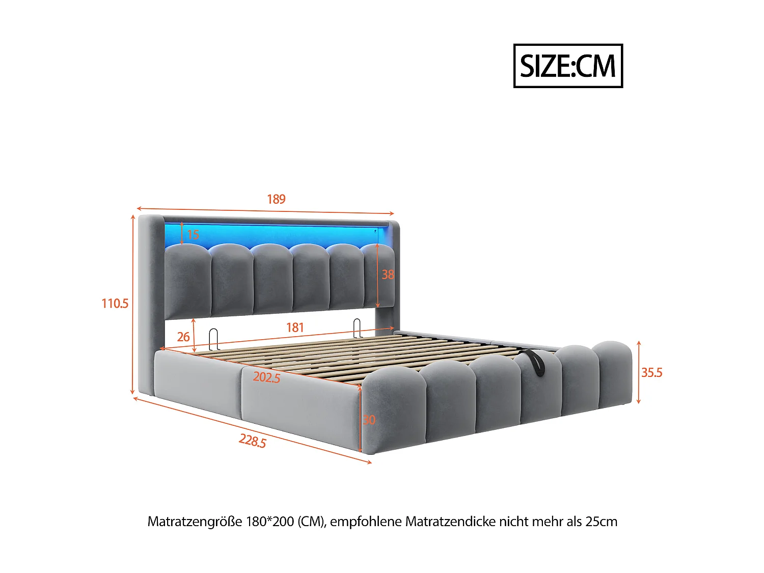 Lit double 180×200 cm en velours gris avec rangements intégrés et éclairage LED