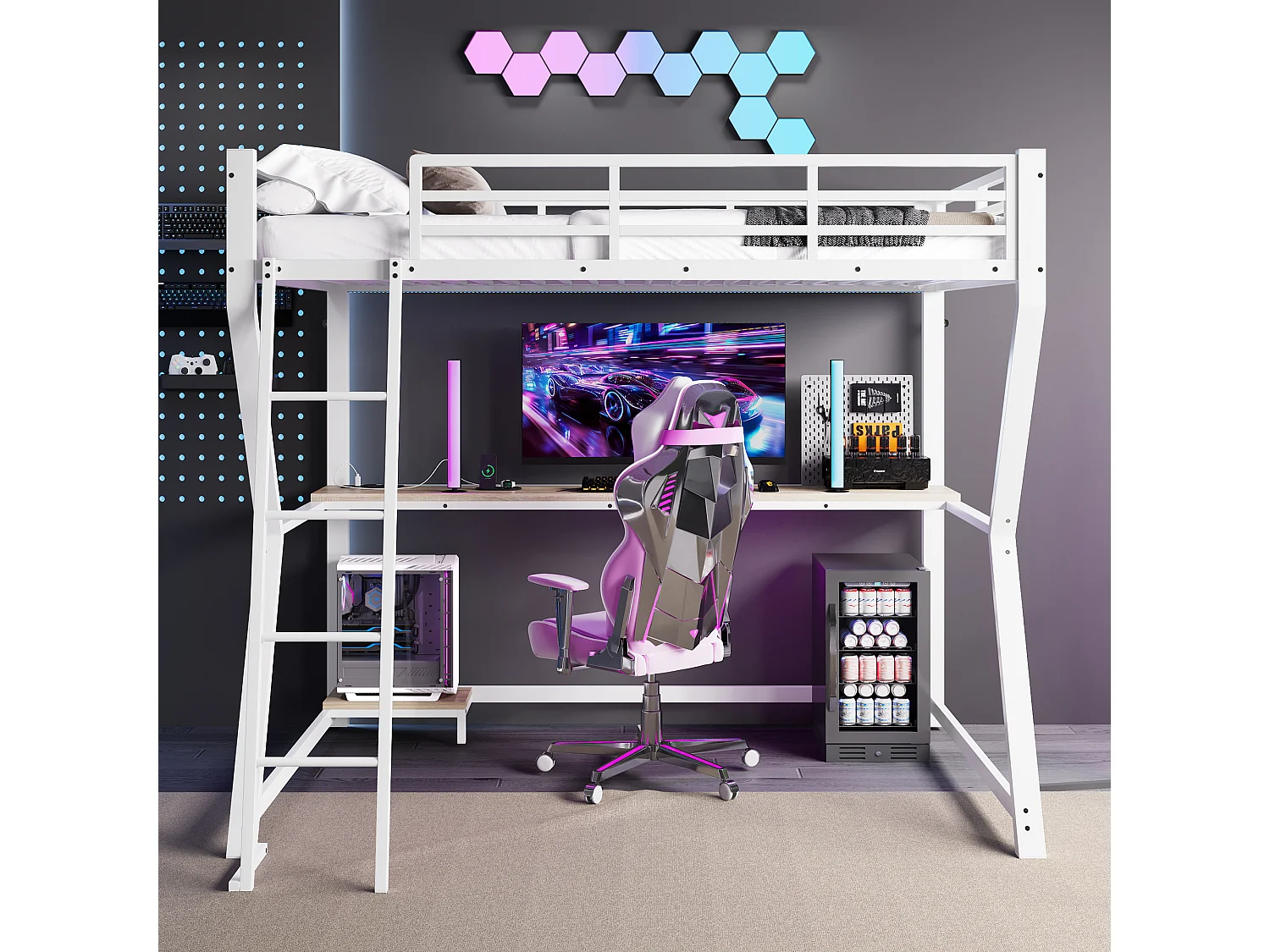 Lit mezzanine 90x200 cm en métal blanc, avec LED, bureau, étagère pour console, prise et ports USB, garde-corps et escalier