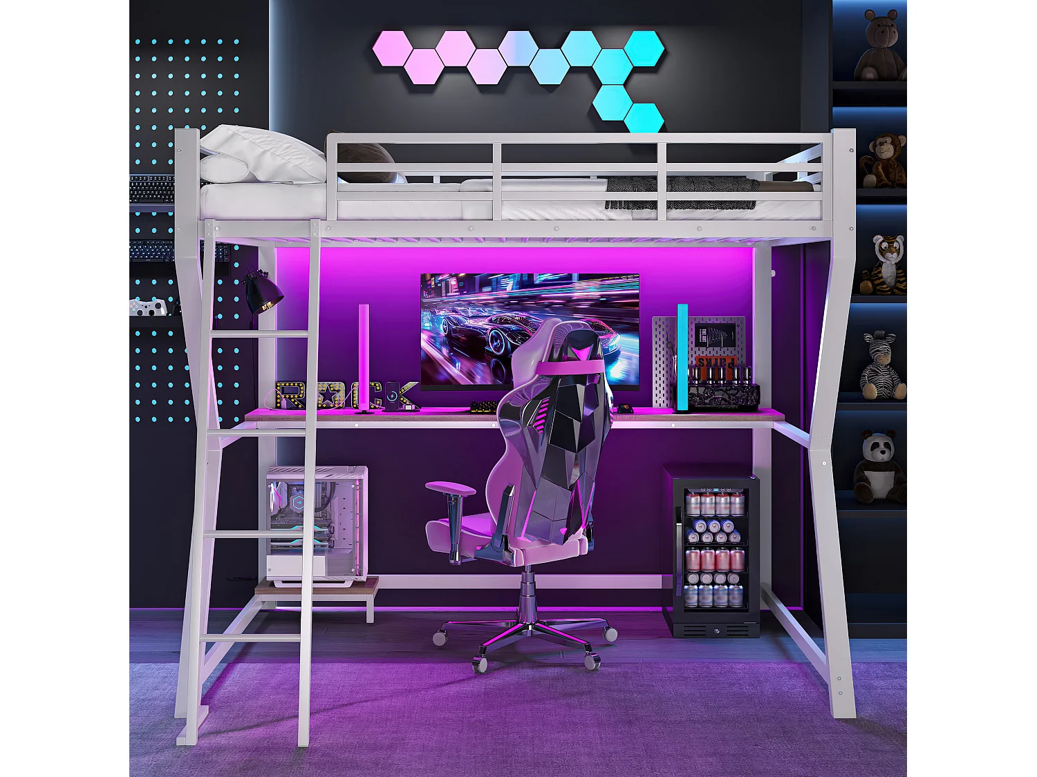 Lit mezzanine 90x200 cm en métal blanc, avec LED, bureau, étagère pour console, prise et ports USB, garde-corps et escalier